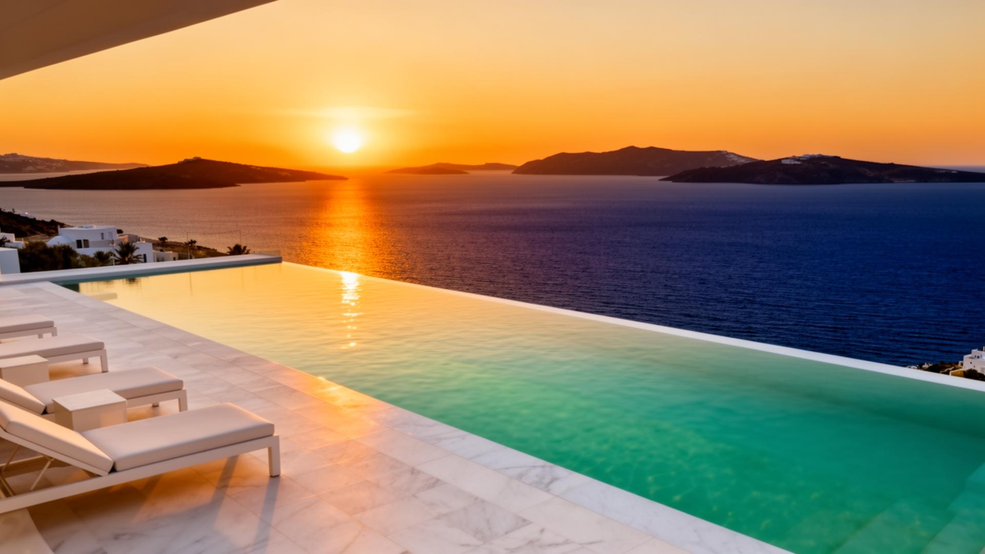 Family infinity pool at sunset overlooking the Aegean
