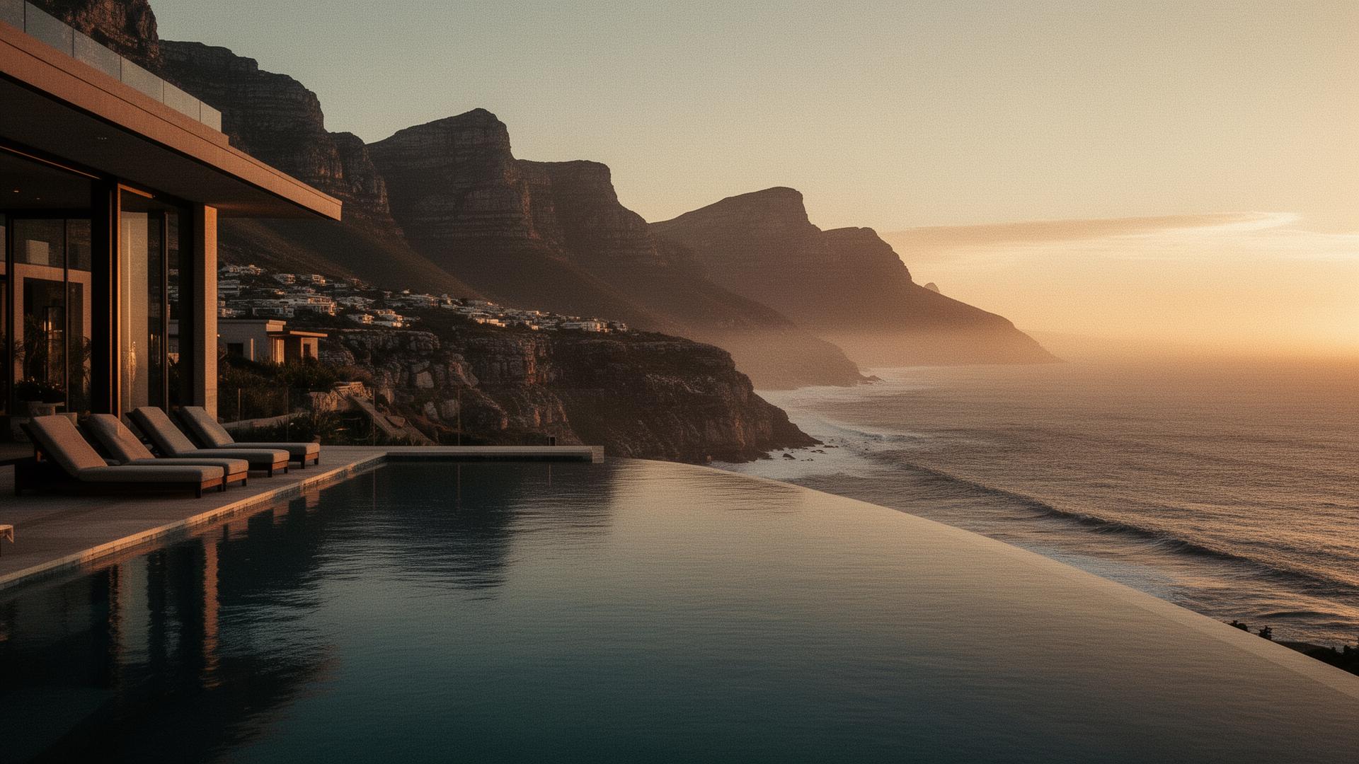 Cliffside infinity pool overlooking the Atlantic at sunset, Cape Town's Twelve Apostles in the distance