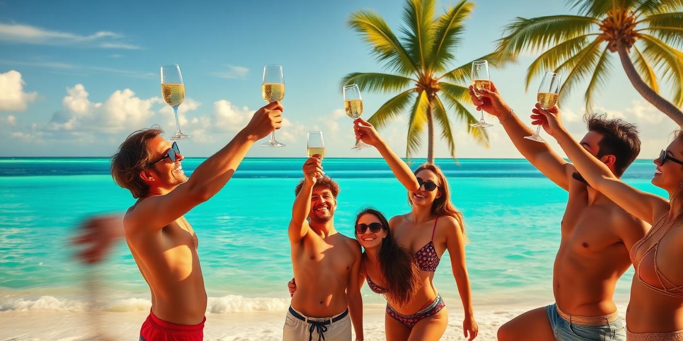 Friends celebrating on a tropical beach holiday